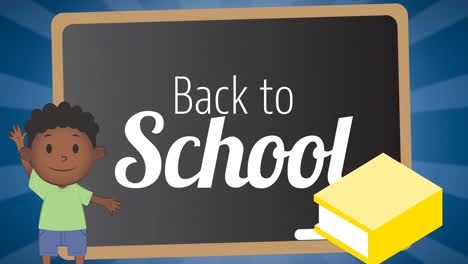 Animation-of-back-to-school-text-on-chalkboard-with-waving-cartoon-schoolboy-and-book