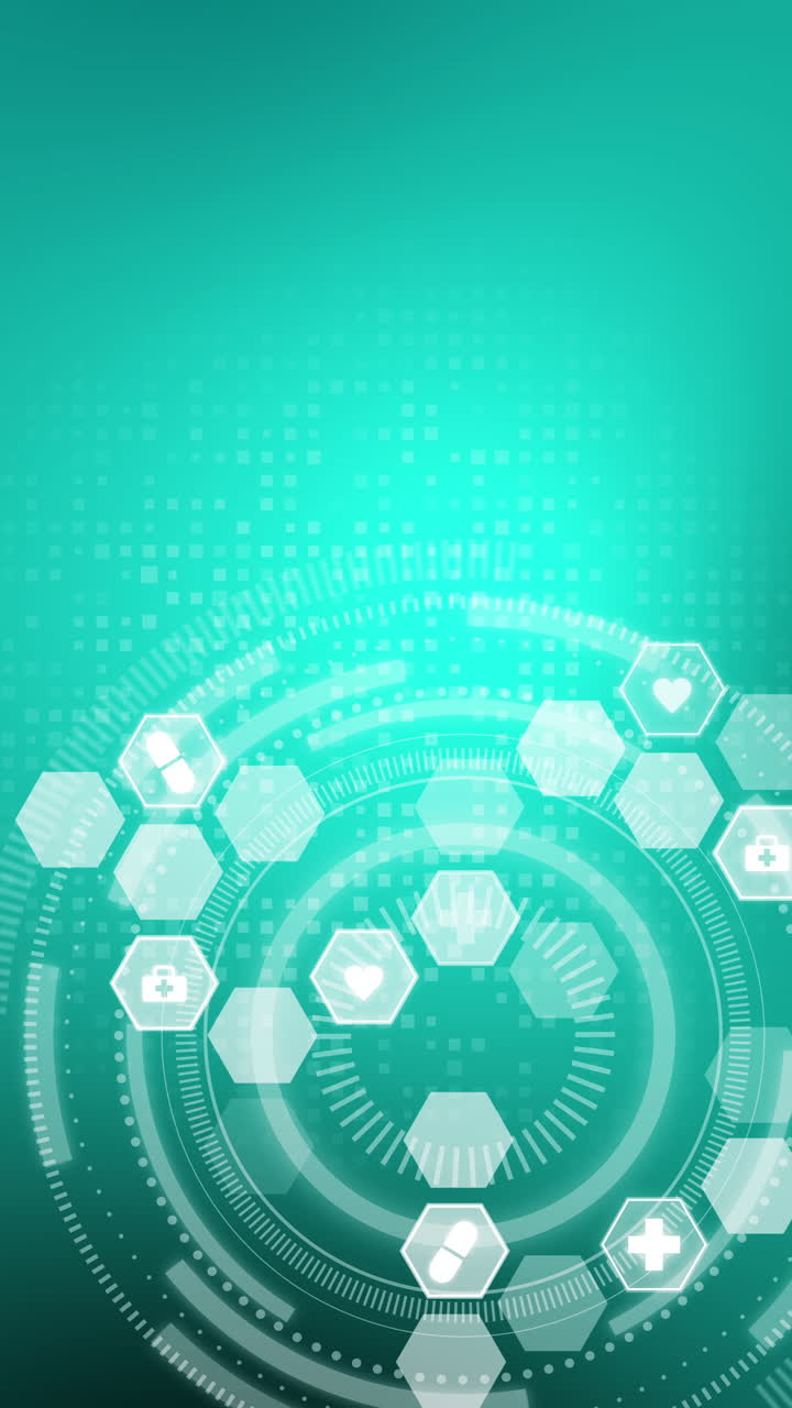 Scientific medical healthcare background with digital icons in hexagons. Animated looped hi-tech HUD interface. Vertical video.