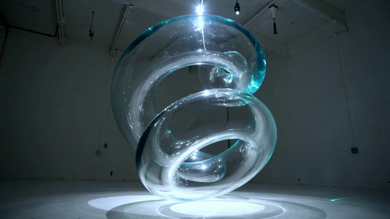 Motor starting, glass torus turning on cable in gallery, revealing inner loops and floor rings