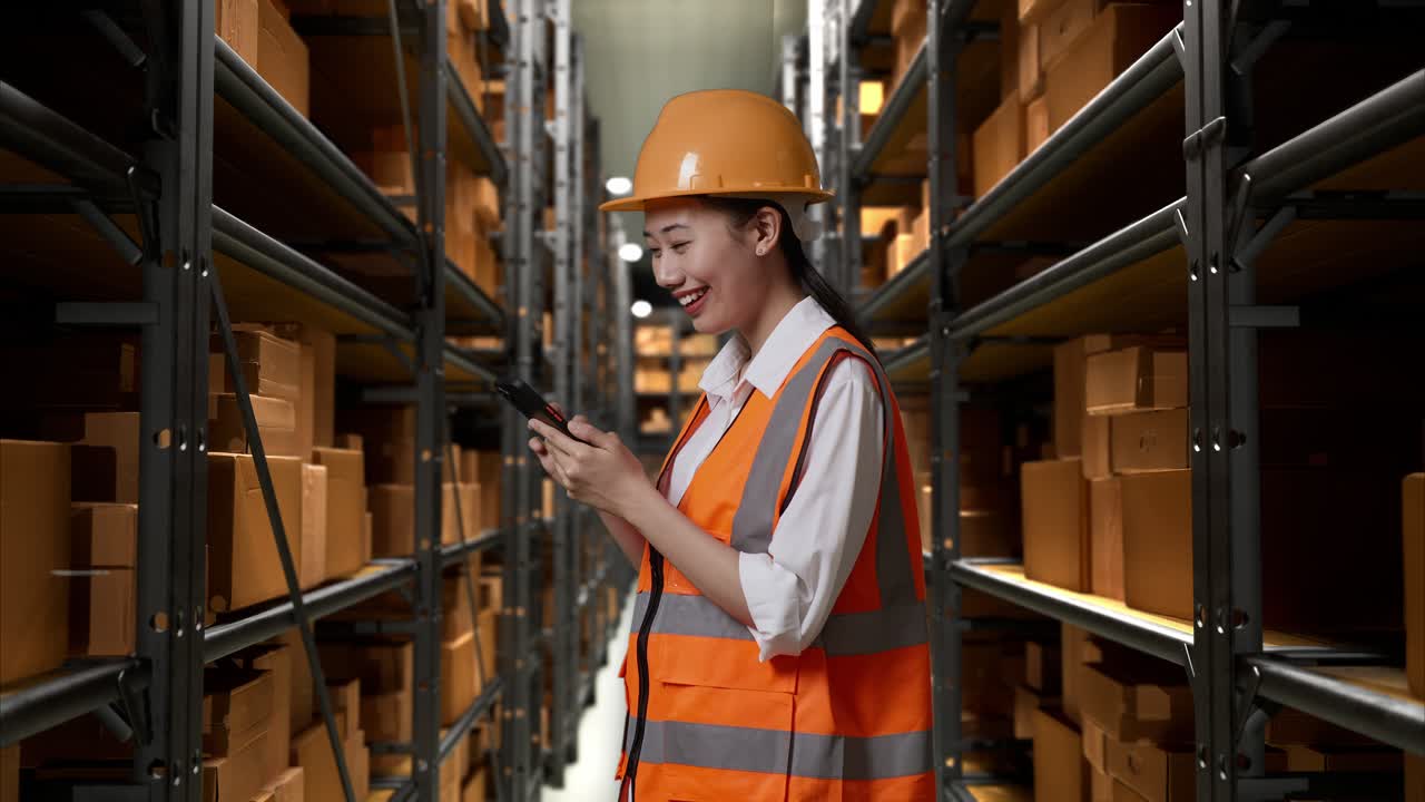 trabajador de almacén que utiliza un teléfono inteligente