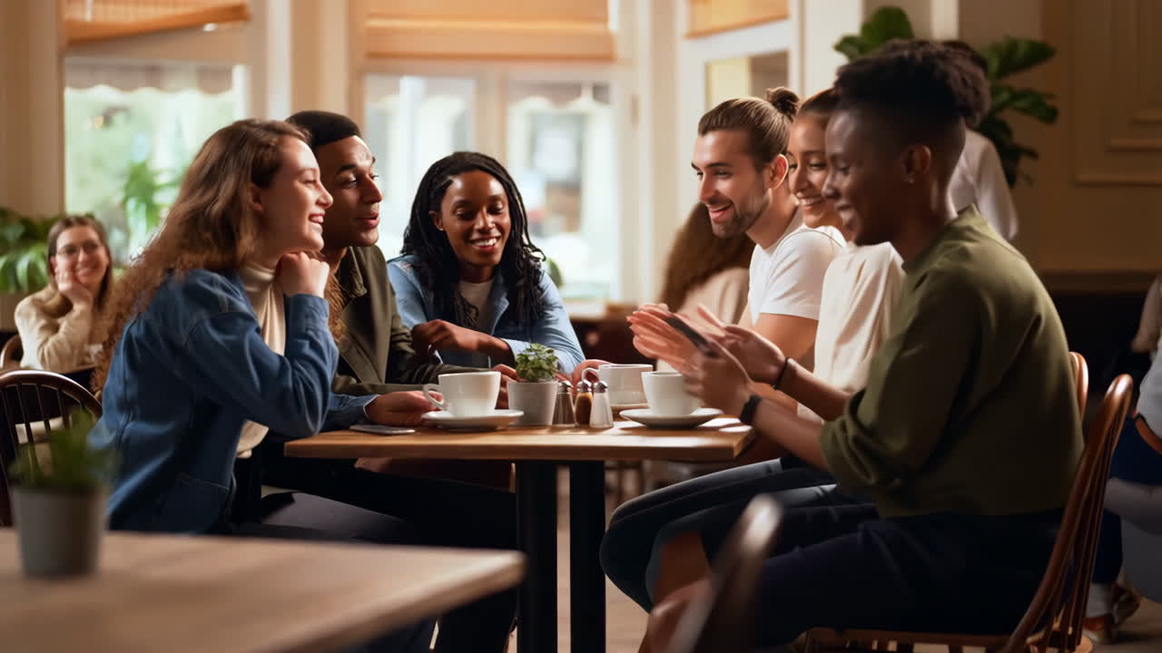 Friends Socializing and Enjoying Coffee in a Cafe