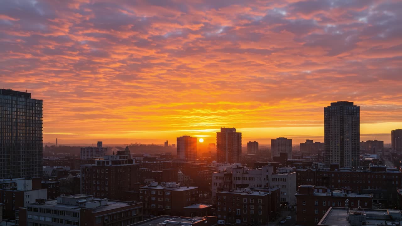 Um nascer do sol deslumbrante sobre a paisagem urbana: tons vibrantes de laranja e amarelo iluminam o horizonte, criando um belo contraste contra as nuvens e a arquitetura moderna