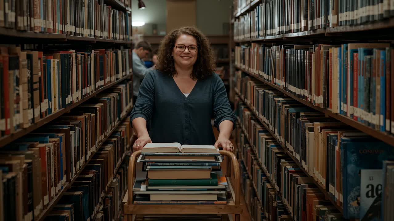 Pushing woman in teal cardigan rolling return cart in stacks, checking open book to reshelve