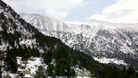 Aerial-traveling-above-the-forest-with-some-mountains-covered-with-snow-in-La-Llosa,-La-Cerdanya