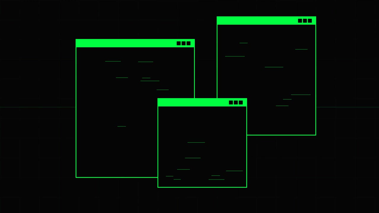 Digitální rozhraní s plovoucími zelenými okny a efekty glitch