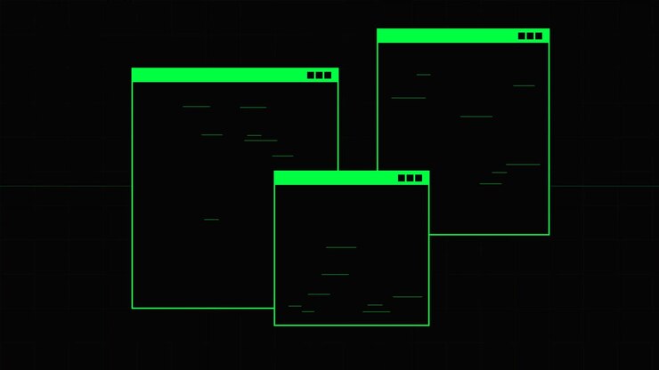 Digital Interface With Floating Green Windows and Glitch Effects