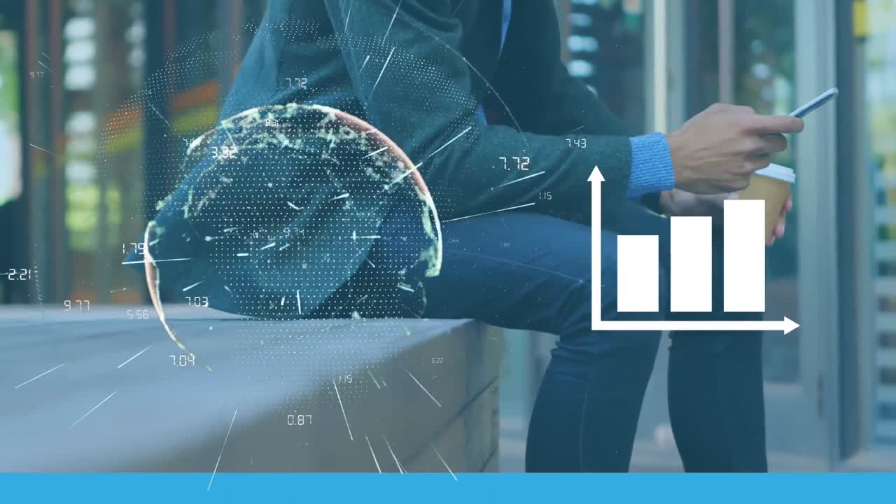 animación del globo y procesamiento de datos sobre el hombre usando teléfono inteligente