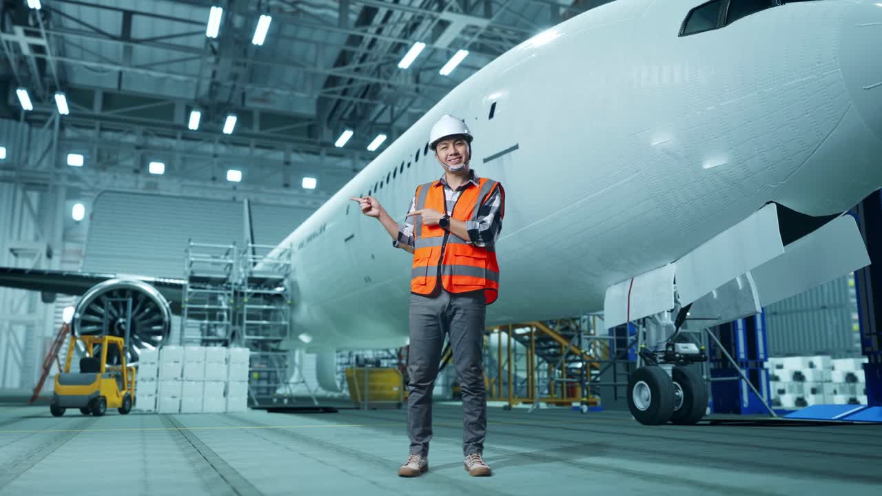 cuerpo lleno de ingeniero masculino asiático con casco de seguridad de pie con aviones en el hangar. sonriendo y señalando a un lado recomienda acerca de algo mientras el mantenimiento de aviones