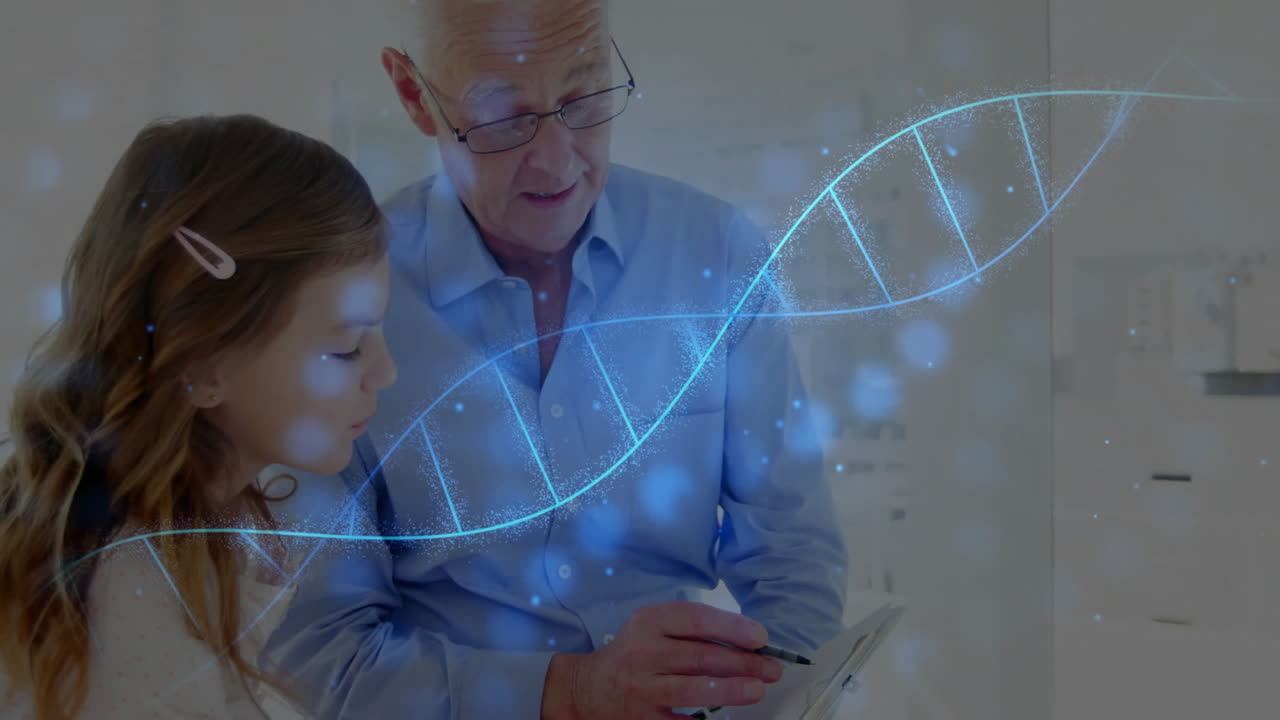Father and daughter studying genetics in bright white lab, viewing tablet with glowing DNA graphic