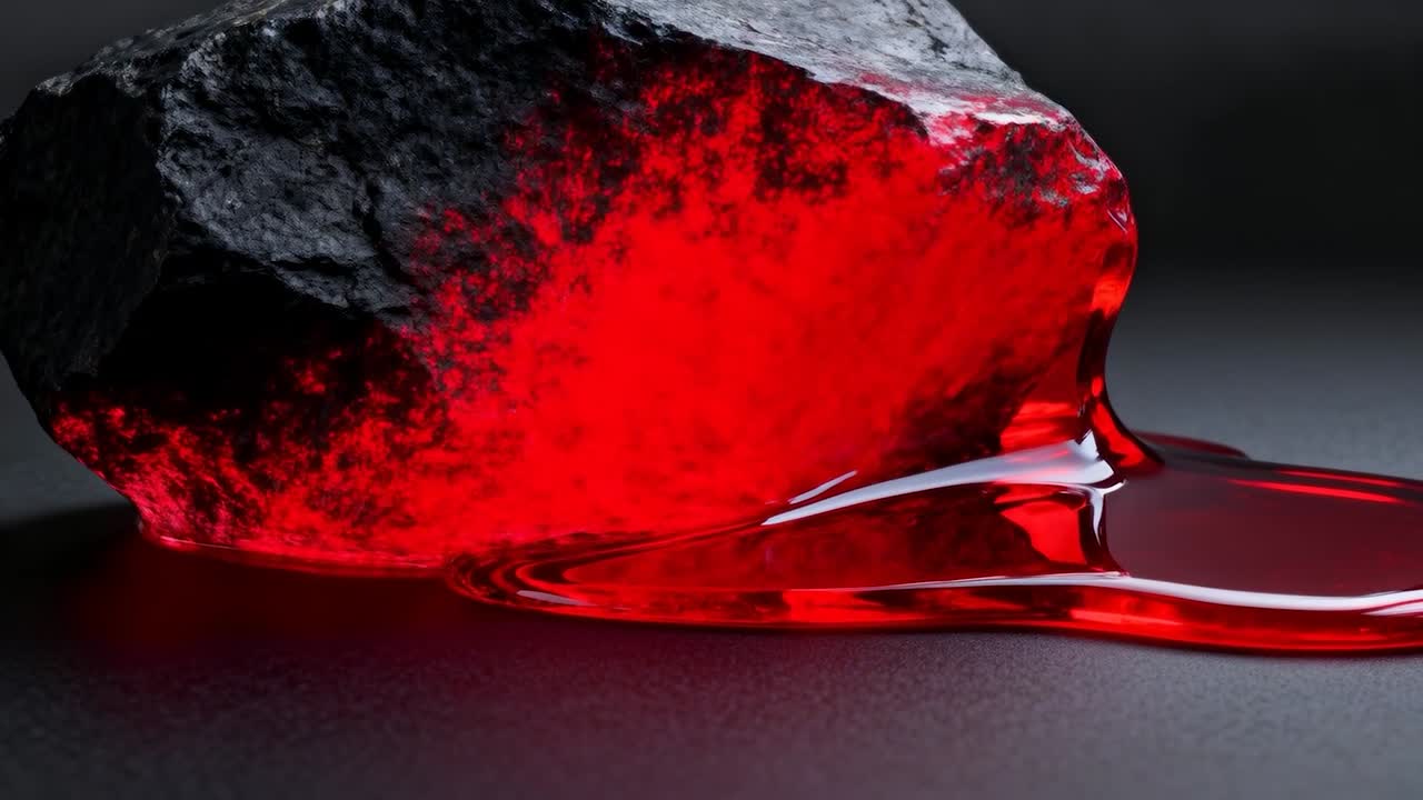 Seeping red bead at rock base coating irregular dark rock on matte tabletop, forming right puddle