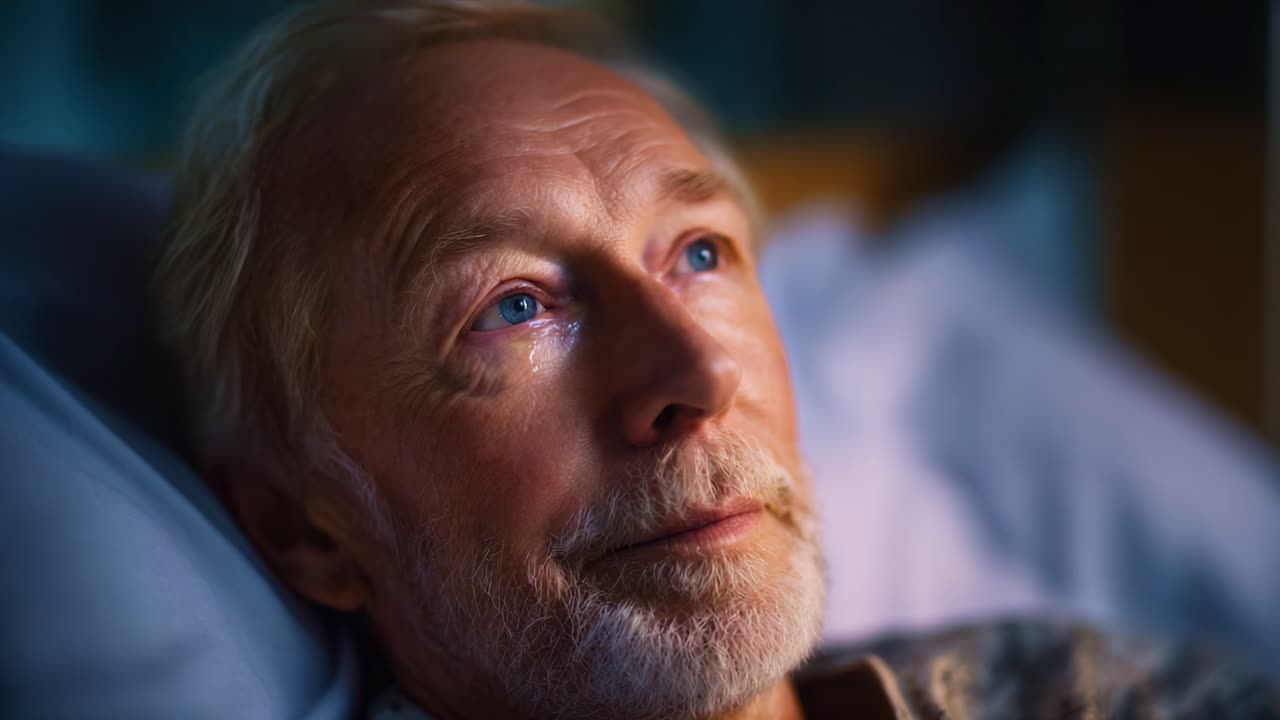 A man reflects on his life, emotions captured in his eyes, showcasing a moment of contemplation as he lies in bed, highlighting the depth of human experience