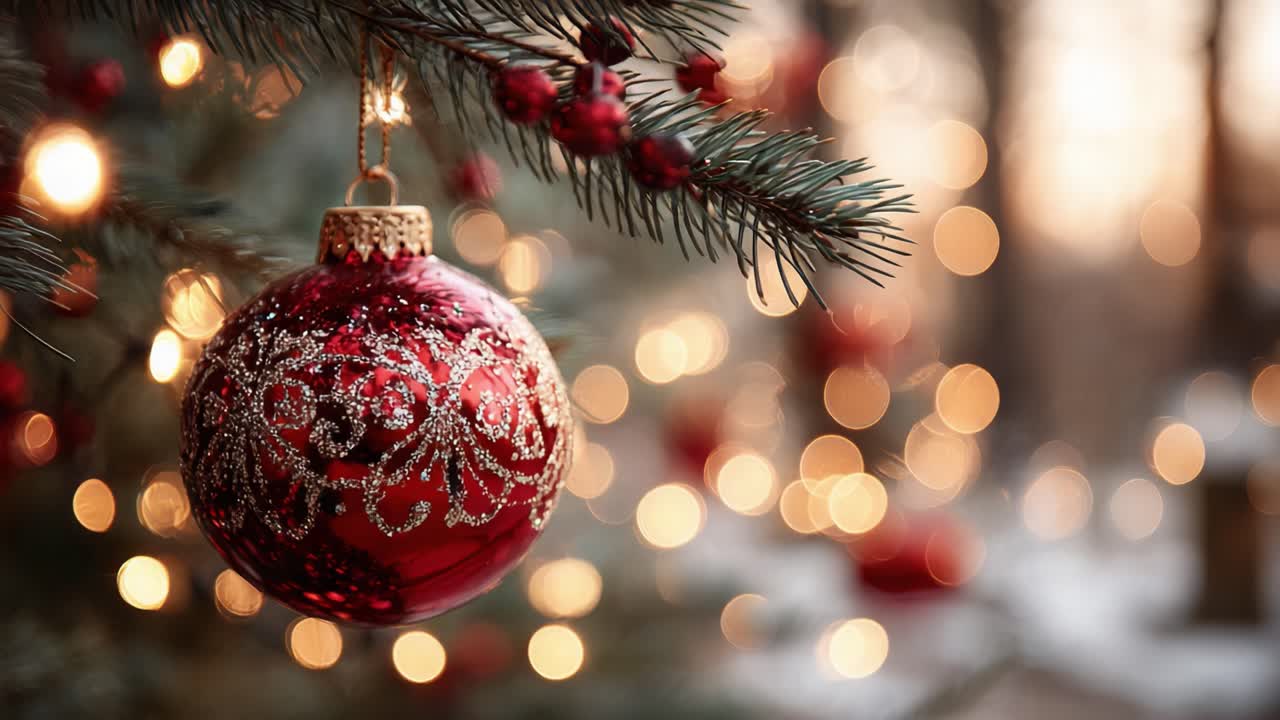 Uno splendido primo piano di una decorazione natalizia illuminata da luci scintillanti, che crea un'atmosfera festosa e allegra per le feste