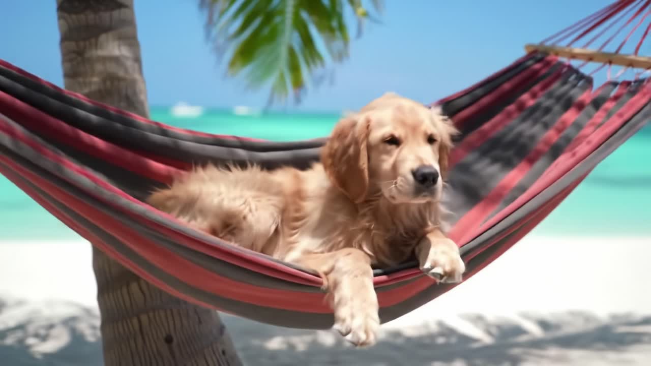 A Relaxing Day at the Beach: Adorable Golden Retriever Lounges on a Hammock Under a Palm Tree by the Turquoise Sea