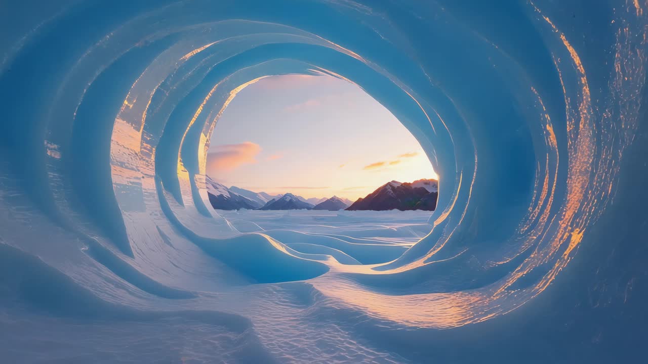 View from an Ice Cave with Snowy Mountains at Sunset