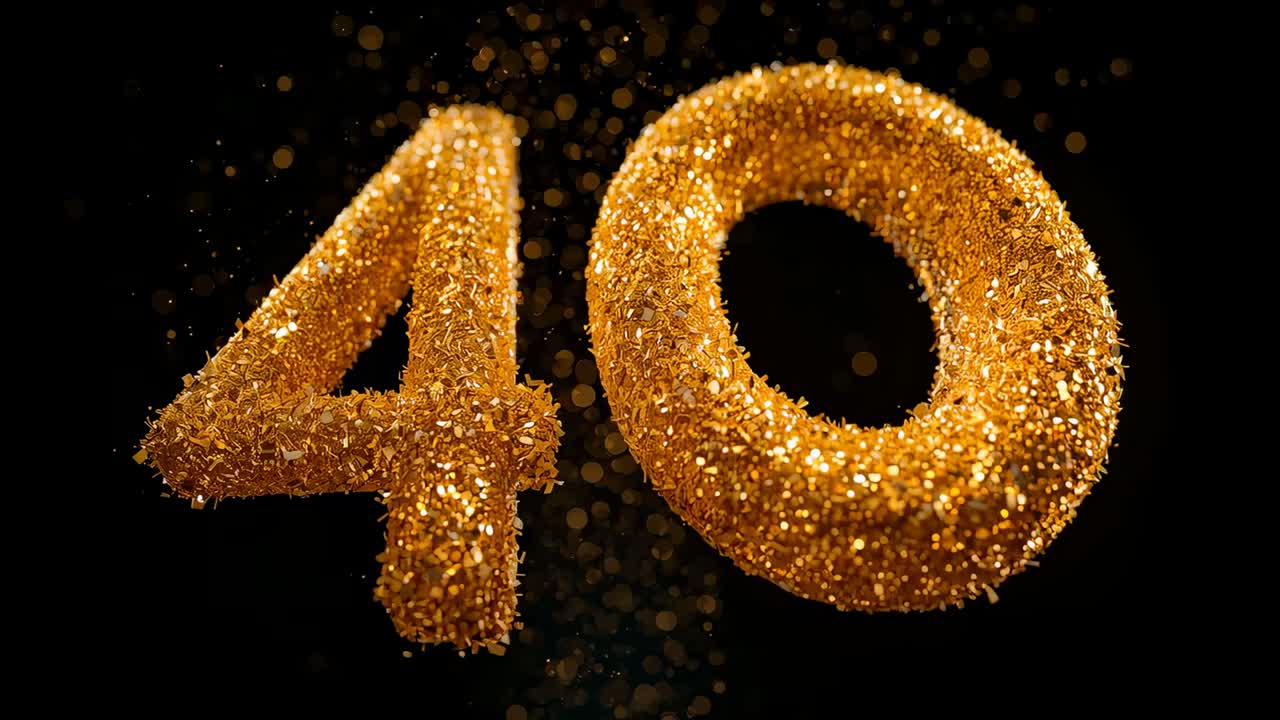 Floating golden 40 drifting toward center in dark studio, camera zooming revealing glitter shower