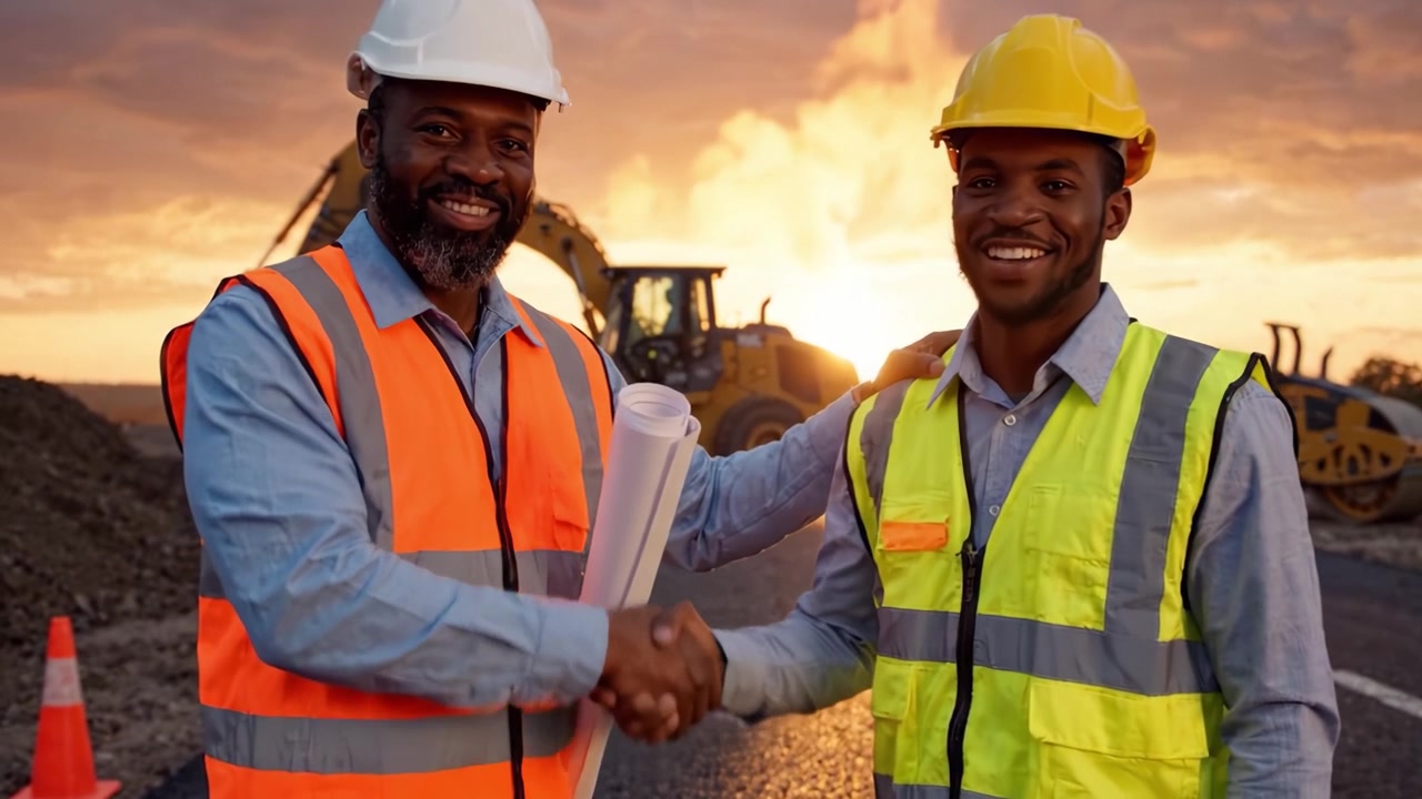 Construction Workers Collaborating at Sunset: A Dynamic Scene of Teamwork and Heavy Machinery in Action on a Roadwork Site