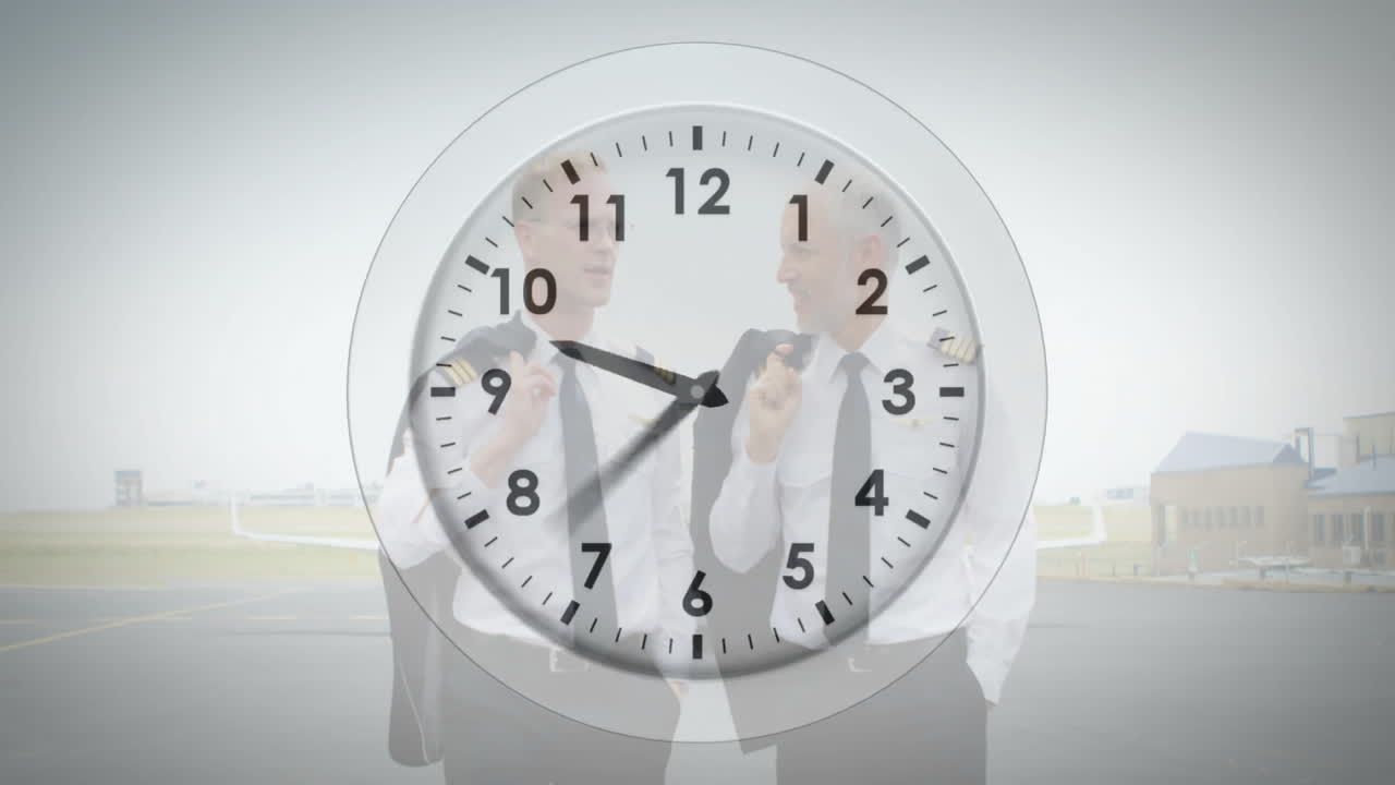 Animation of clock overlaying pilots standing near airport runway outdoors