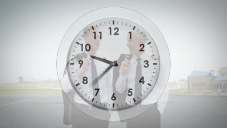 animation of clock overlaying pilots standing near airport runway outdoors
