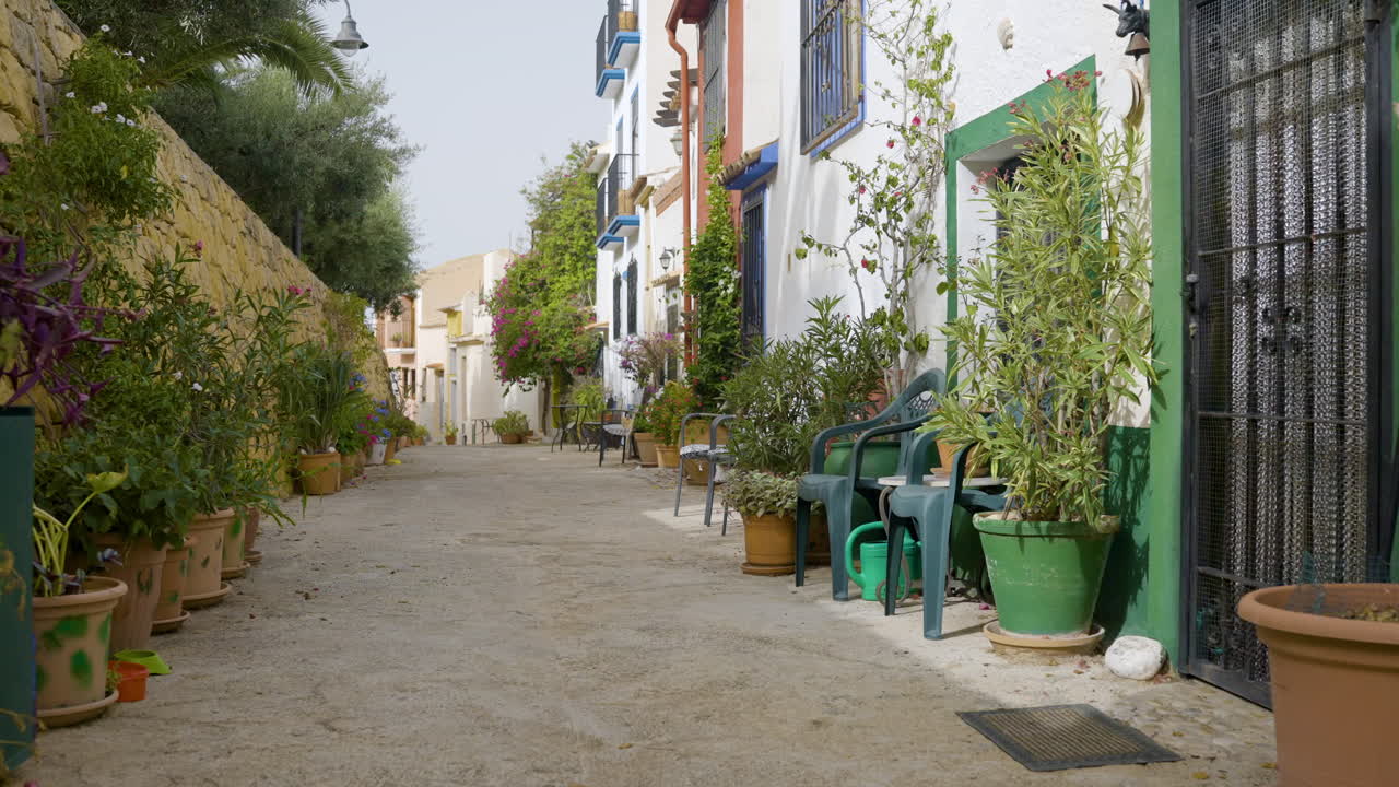 Charming Spanish Alleyway with Colorful Houses and Lush Gardens