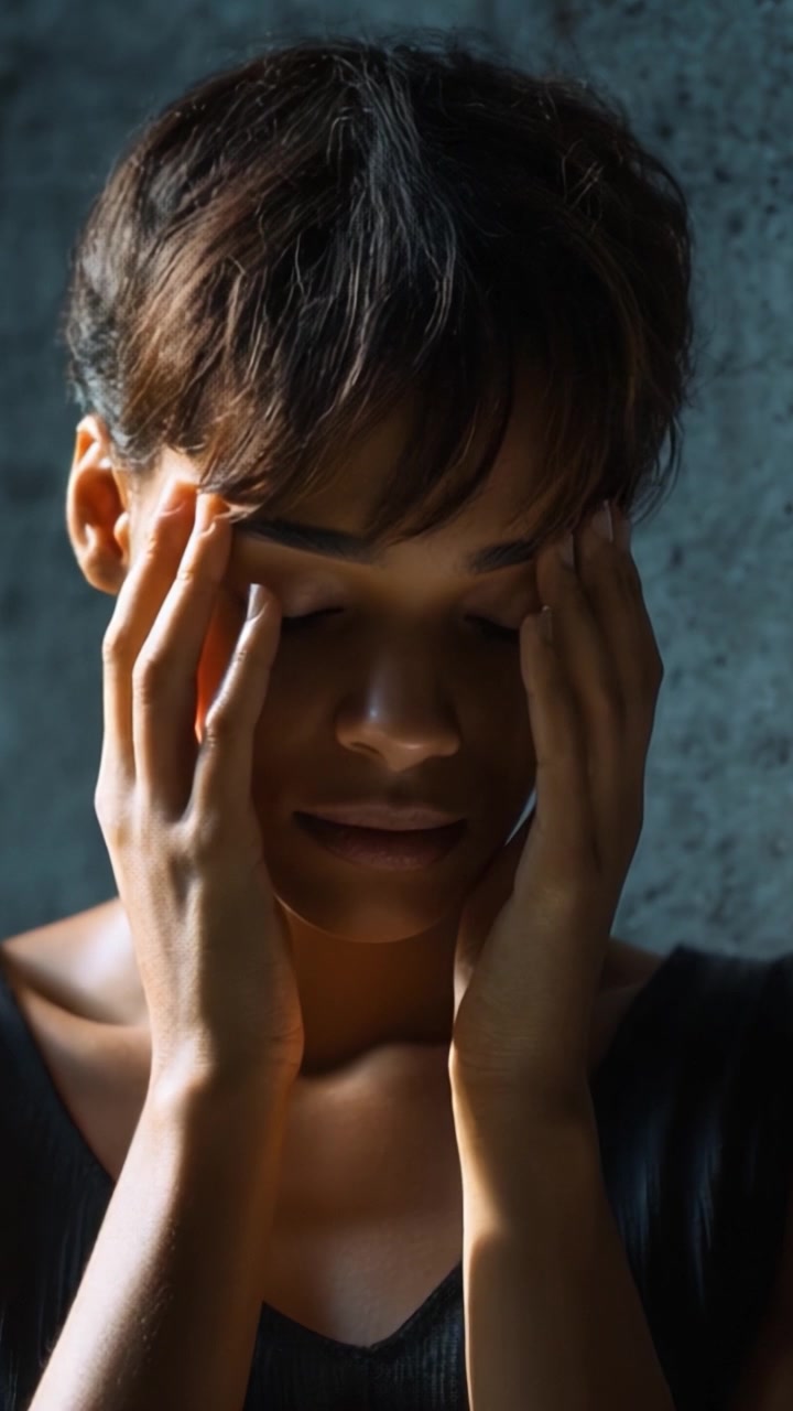 Una donna in profonda contemplazione riflette il turbamento interiore, trasmettendo un senso di lotta, con un'espressione pensierosa e le mani che le incorniciano il viso su uno sfondo texturizzato.