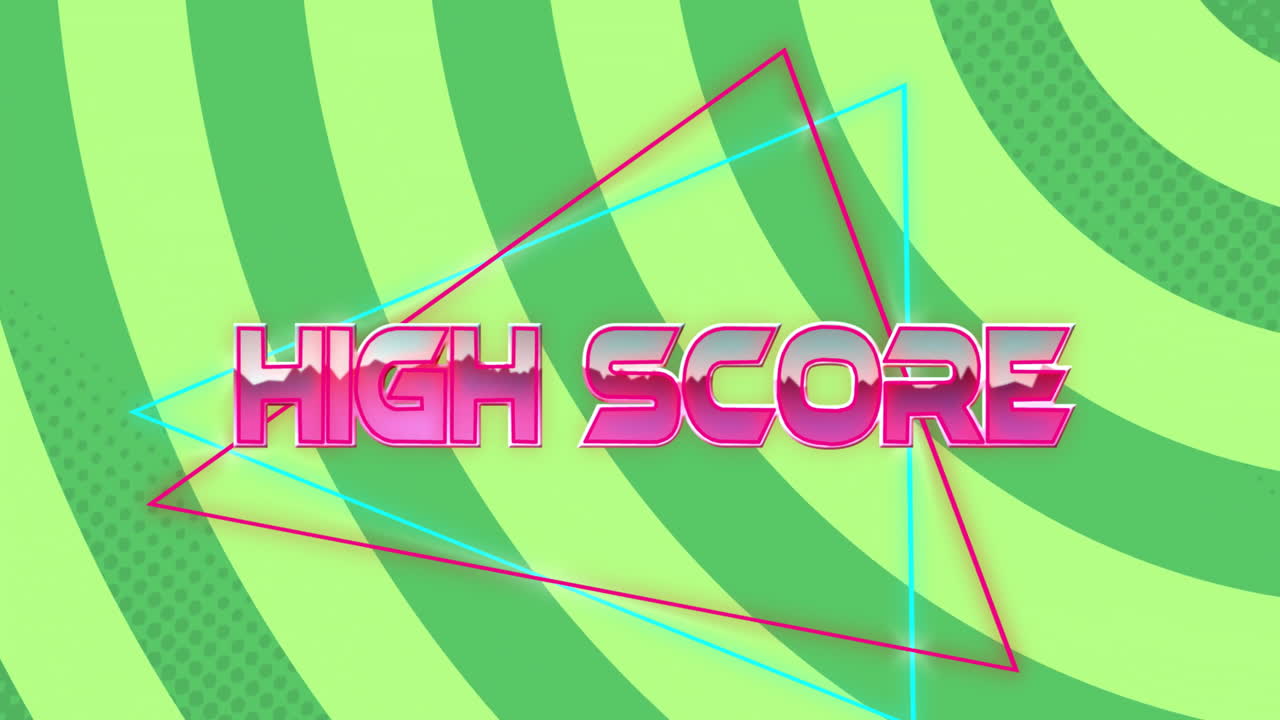 Animation af high score-tekst over neontrekanter og mønstret baggrund