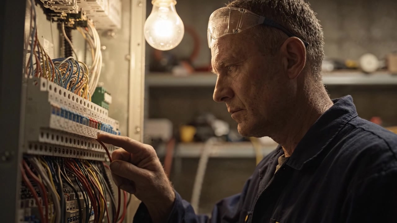 En fokuseret tekniker, der arbejder med elektriske ledninger på et svagt oplyst værksted, der fremhæver præcision og ekspertise inden for elektrisk vedligeholdelse og reparation
