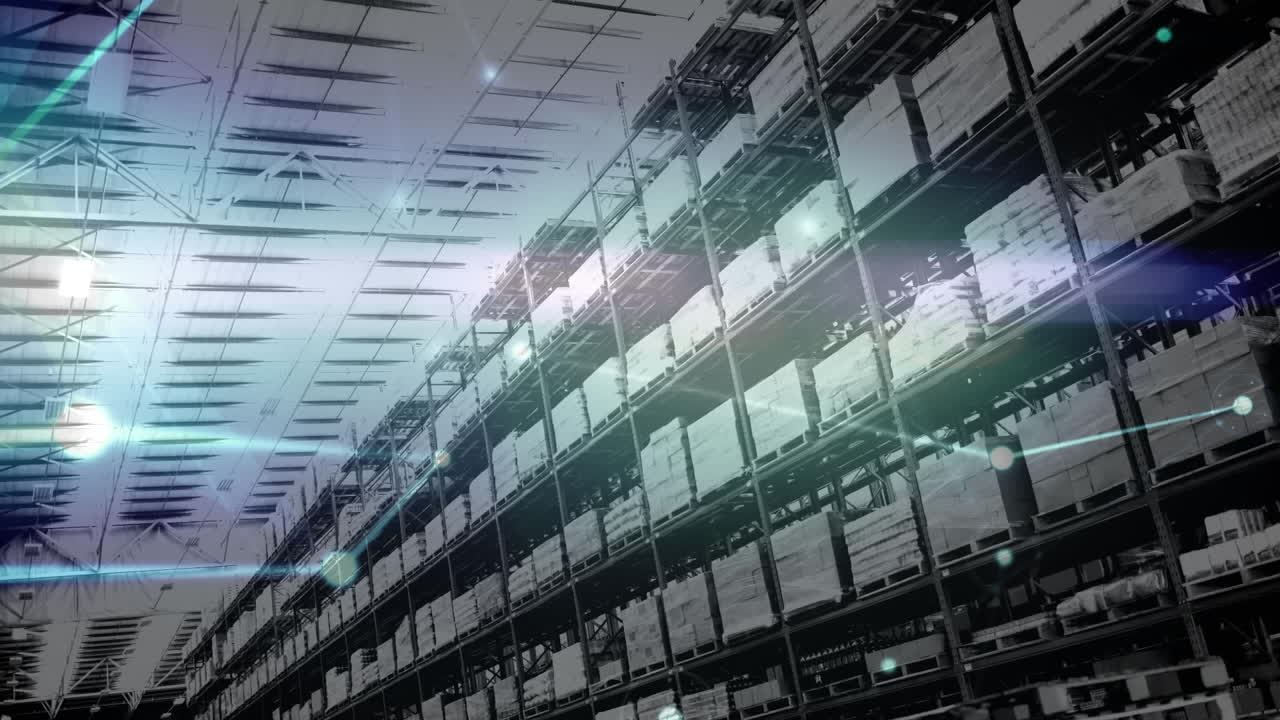 Animation of network of connections over shelves in warehouse