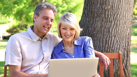 Affectionate-couple-sitting-on-park-bench-using-laptop