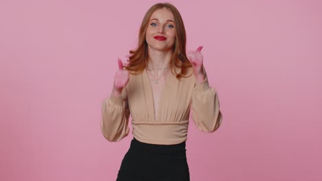 Businesswoman girl raises thumbs up agrees gives positive reply recommends advertisement likes good
