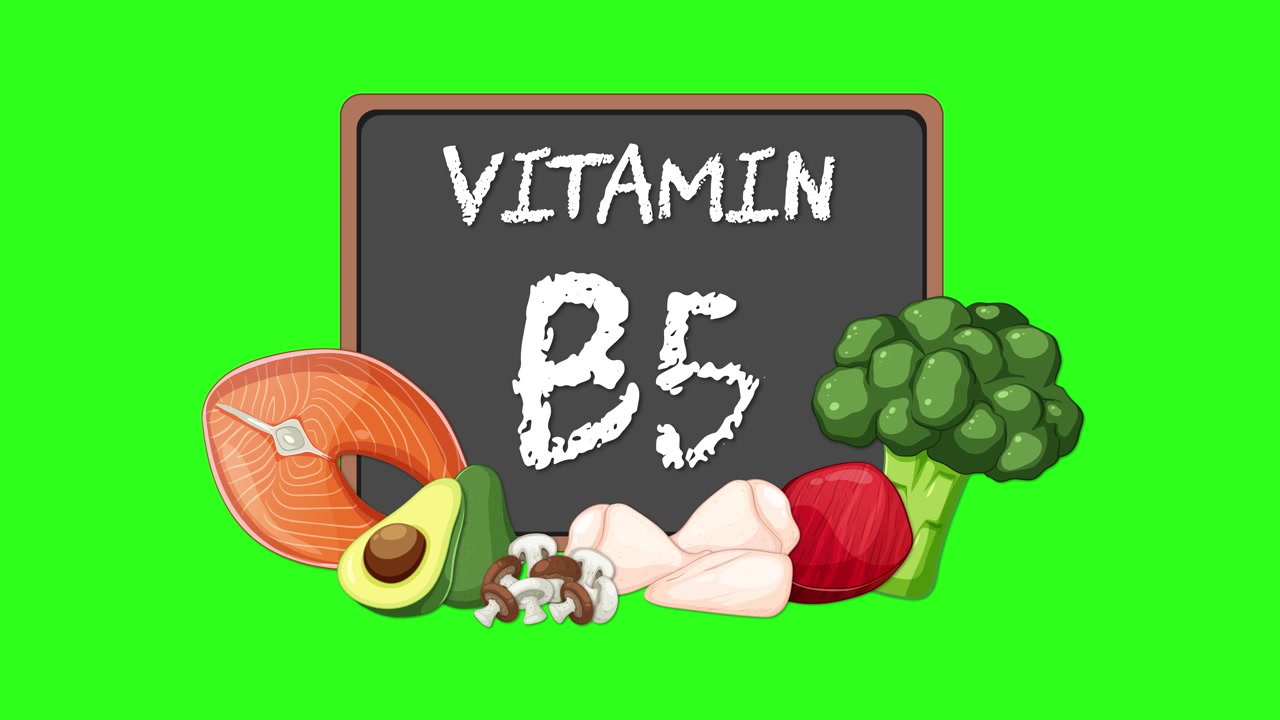 Lavagna con il testo Vitamina B5, cibi sani animati che appaiono, sfondo verde brillante, stile piatto