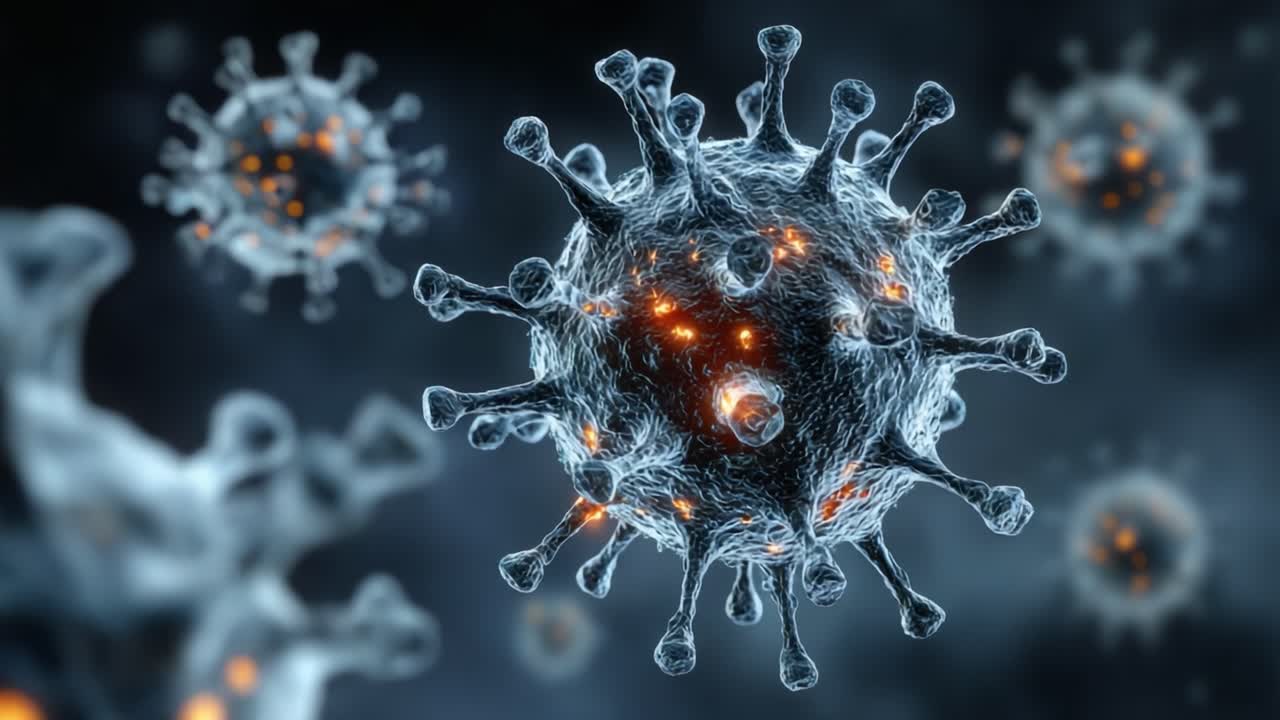 High-Resolution Close-Up of Microscopic Virus Structures with Detailing and Glowing Elements in a Dark Background Illustrating Viral Activity and Intricacies