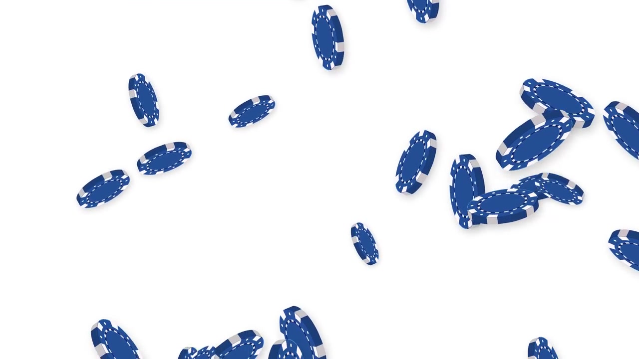 Blue casino poker chips fall and bounce across a clean white background in slow motion.