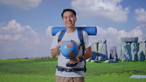 smiling traveler with a globe