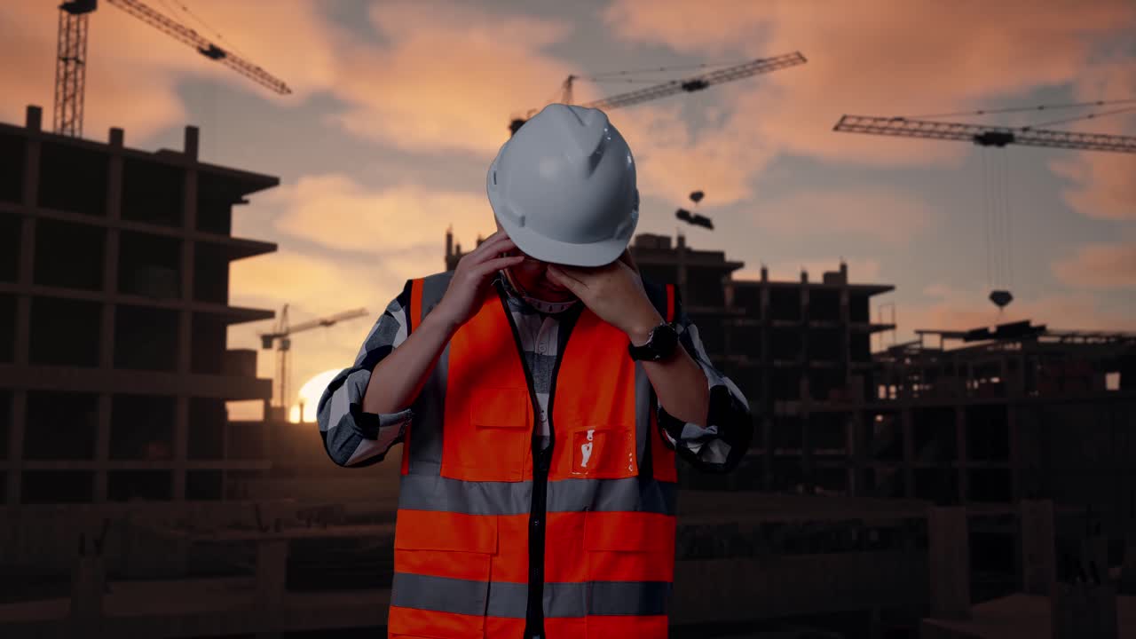 Asian Male Engineer With Safety Helmet Having A Headache While Working At Building & Construction Site in Progress to New House