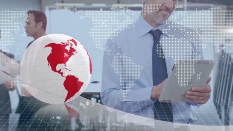 animation of globe and data processing over caucasian businessman writing