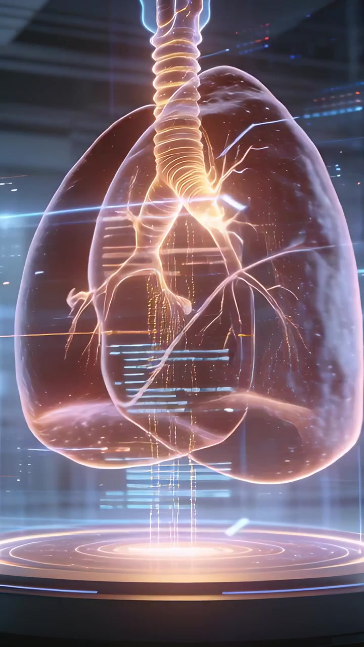 Vertical video: Booting emitter showing hologram lungs pulsing, scanning for diagnosis in lab