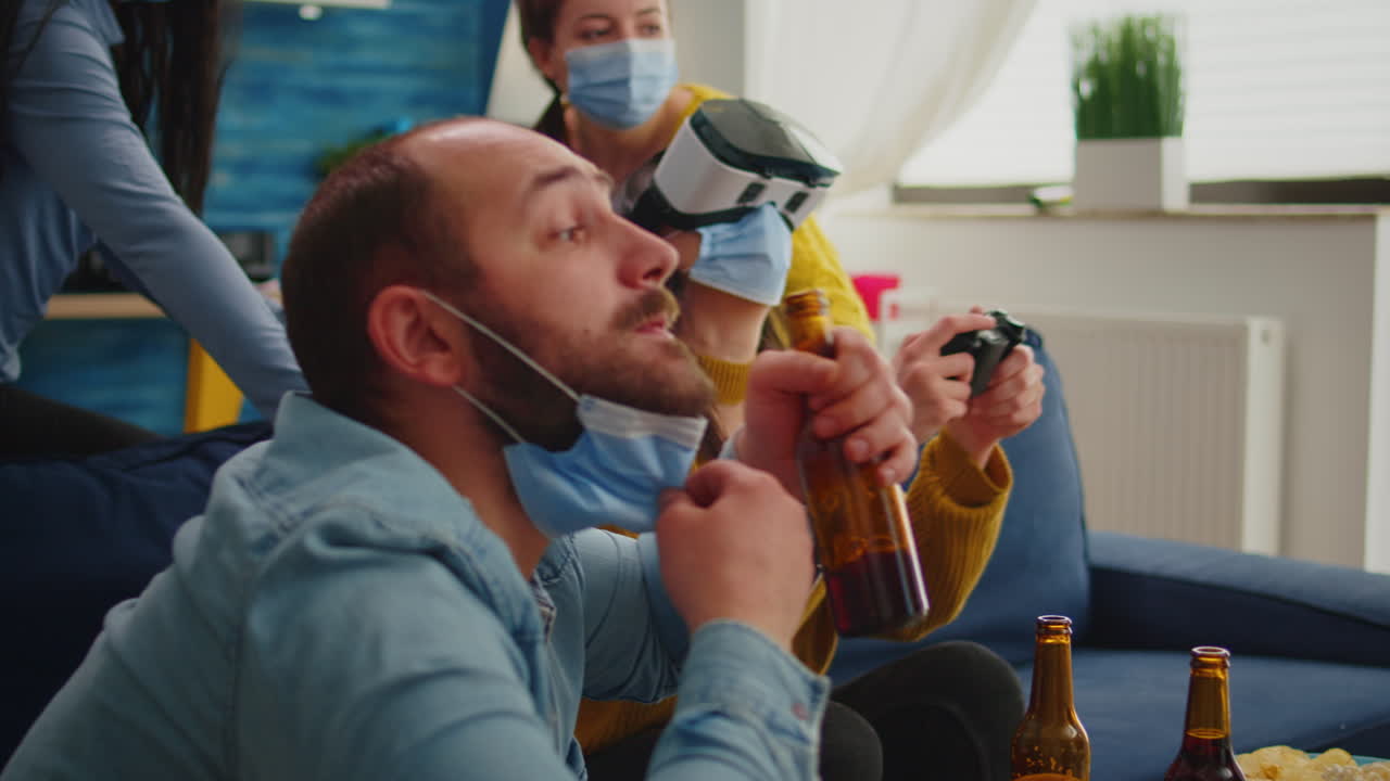 Young woman experiencing virtual reality playing video games