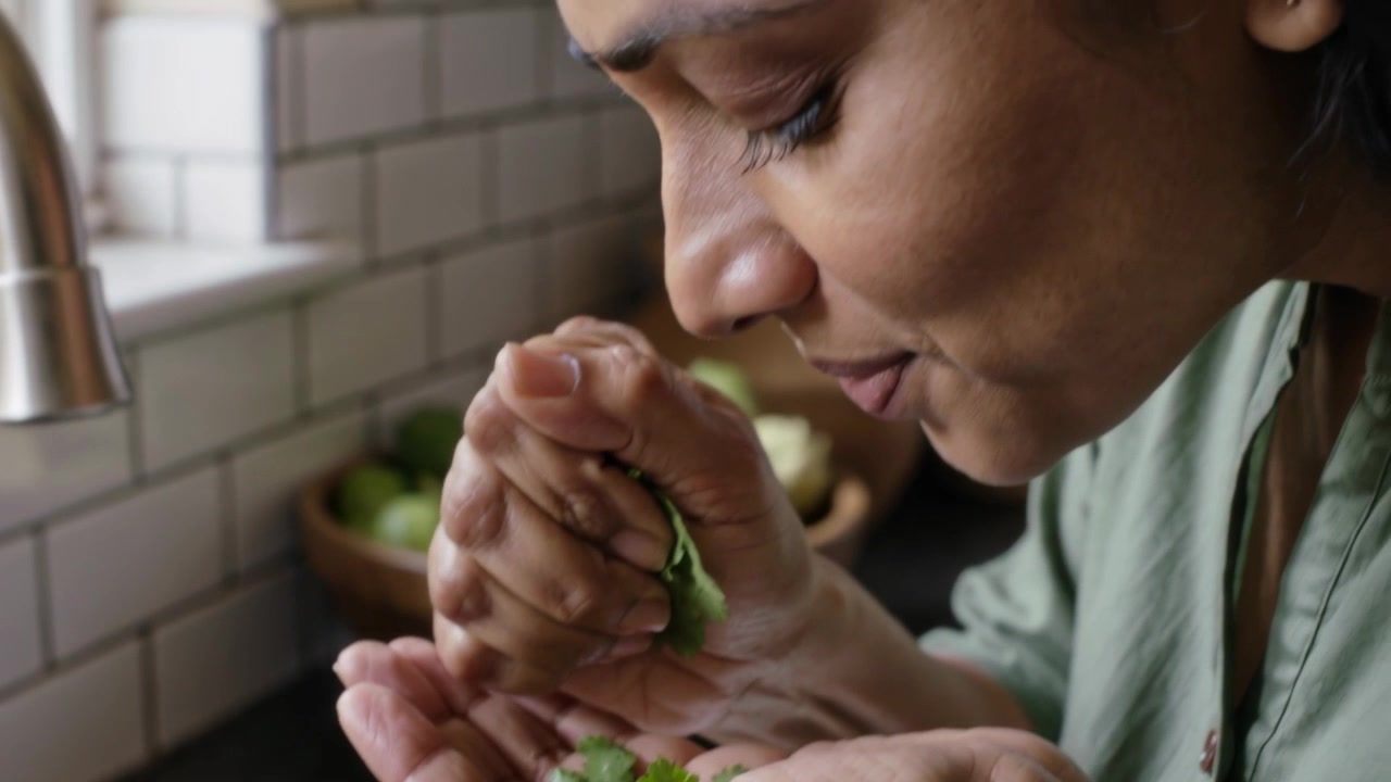 Cuisinier indien en haut vert cueillant des herbes fraîches, écrasant des feuilles à l'évier de la cuisine, inhalant leur parfum pour la cuisson.