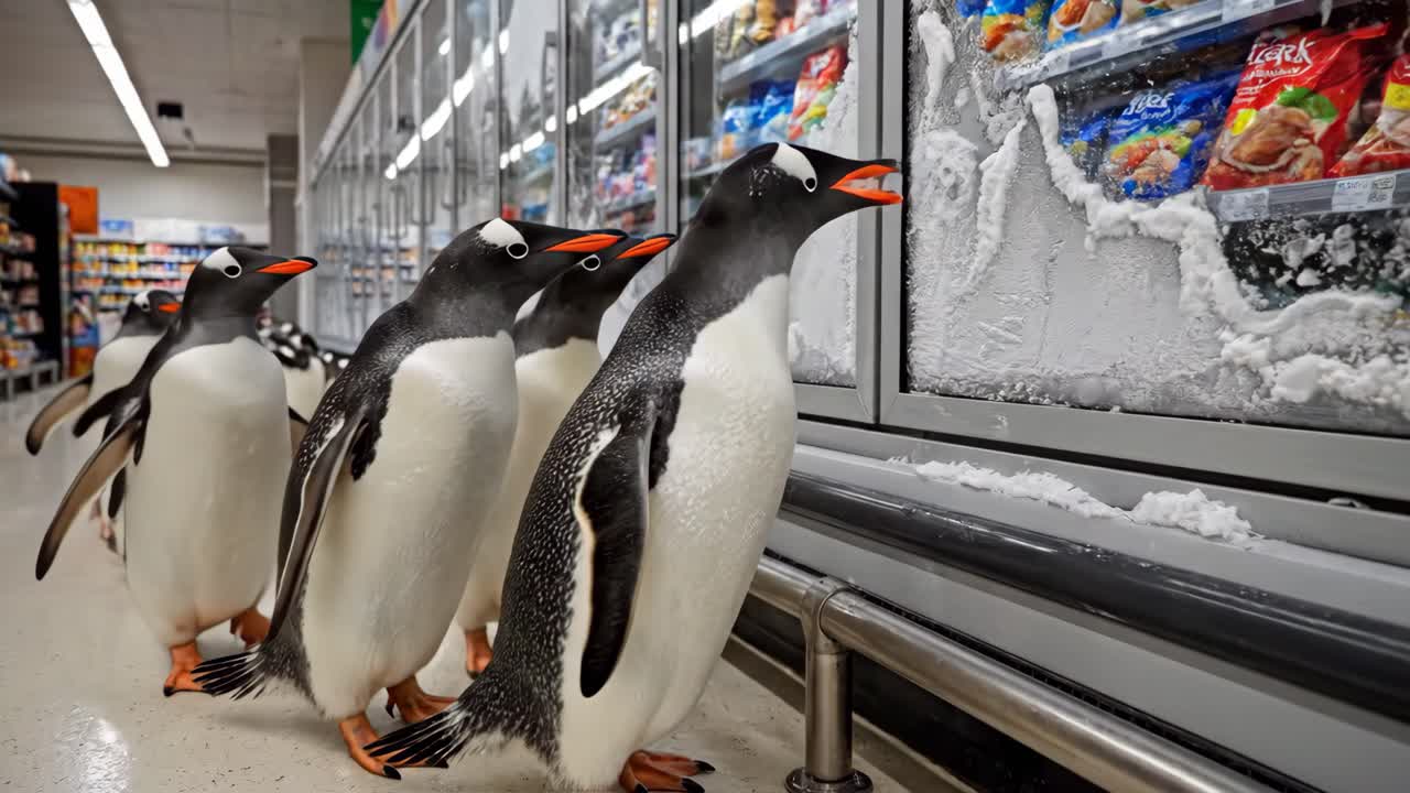 Penguins shopping in a supermarket