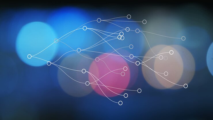 Animation of network of connections with icons over out of focus lights