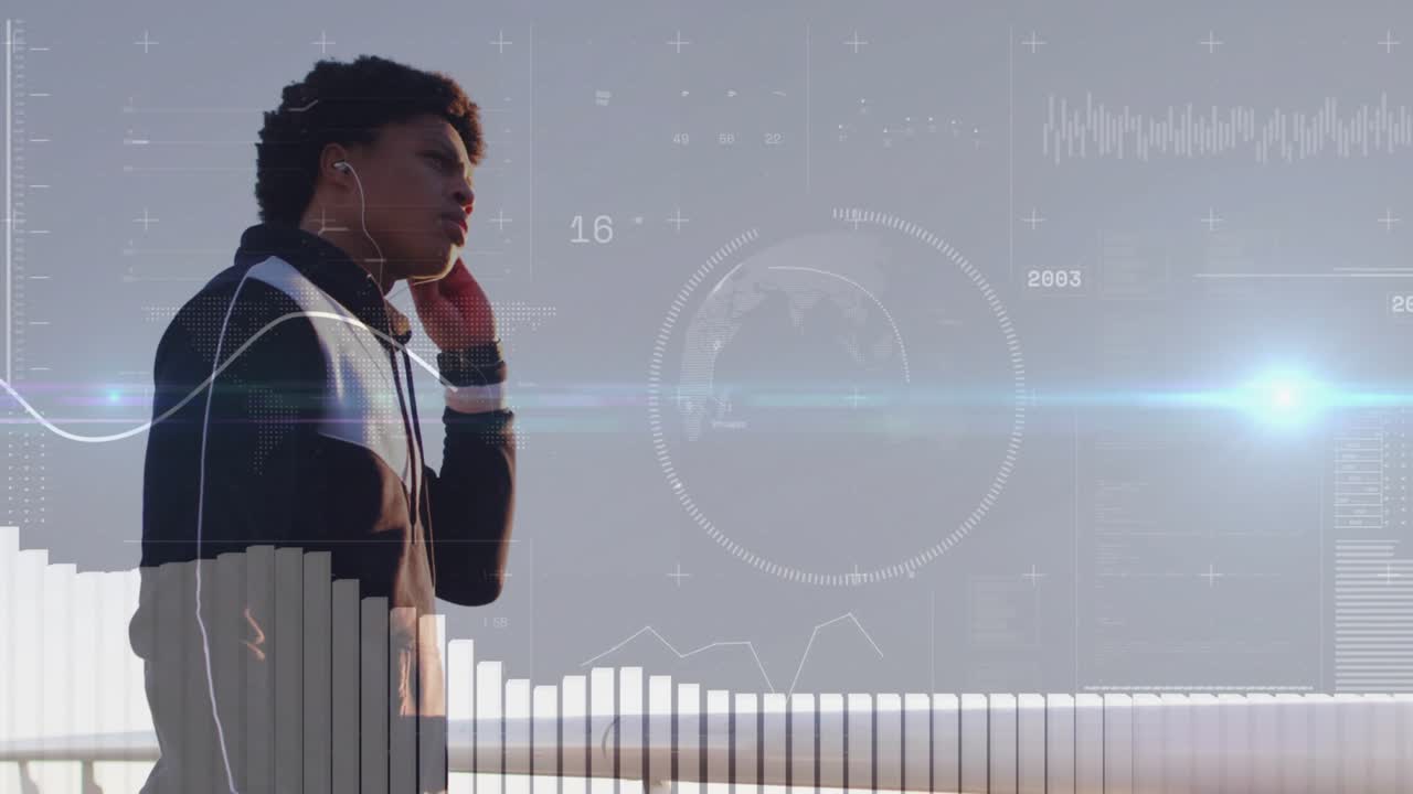 Man placing earbud and initiating HUD tech overlaying frame, syncing waveforms for monitoring audio