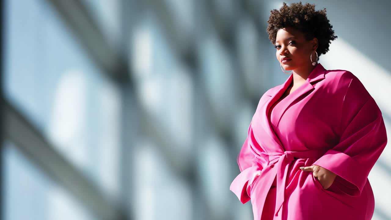 A confident woman in a vibrant pink outfit strikes a powerful pose against a backdrop of modern architecture, showcasing elegance and self-assurance in a captivating moment of fashion