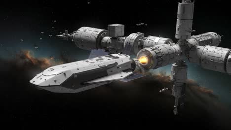 a futuristic spacecraft engaged in thrilling maneuvers around a massive space station in deep space, showcasing advanced technology and cosmic exploration