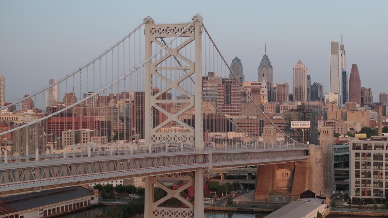 Aerial view of the Ben Franklin Bridge at sunrise. Shot in Philadelphia, Pennsylvania
