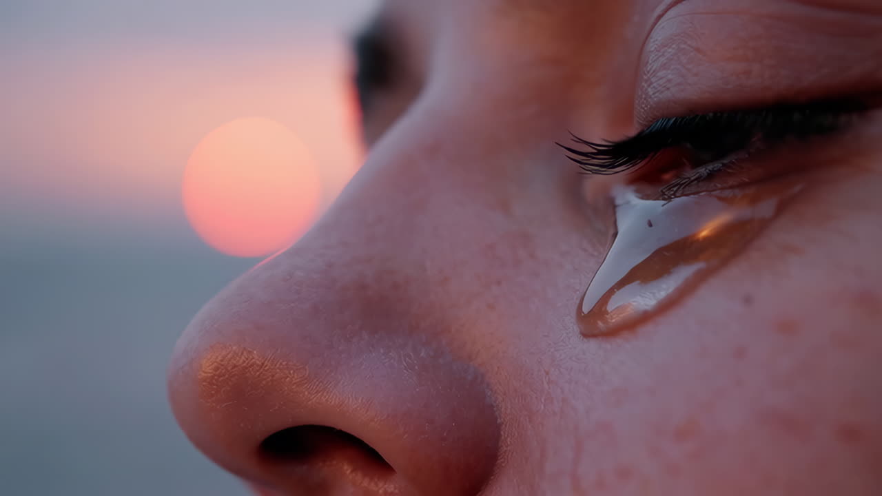 Close-up of a crying eye at sunset