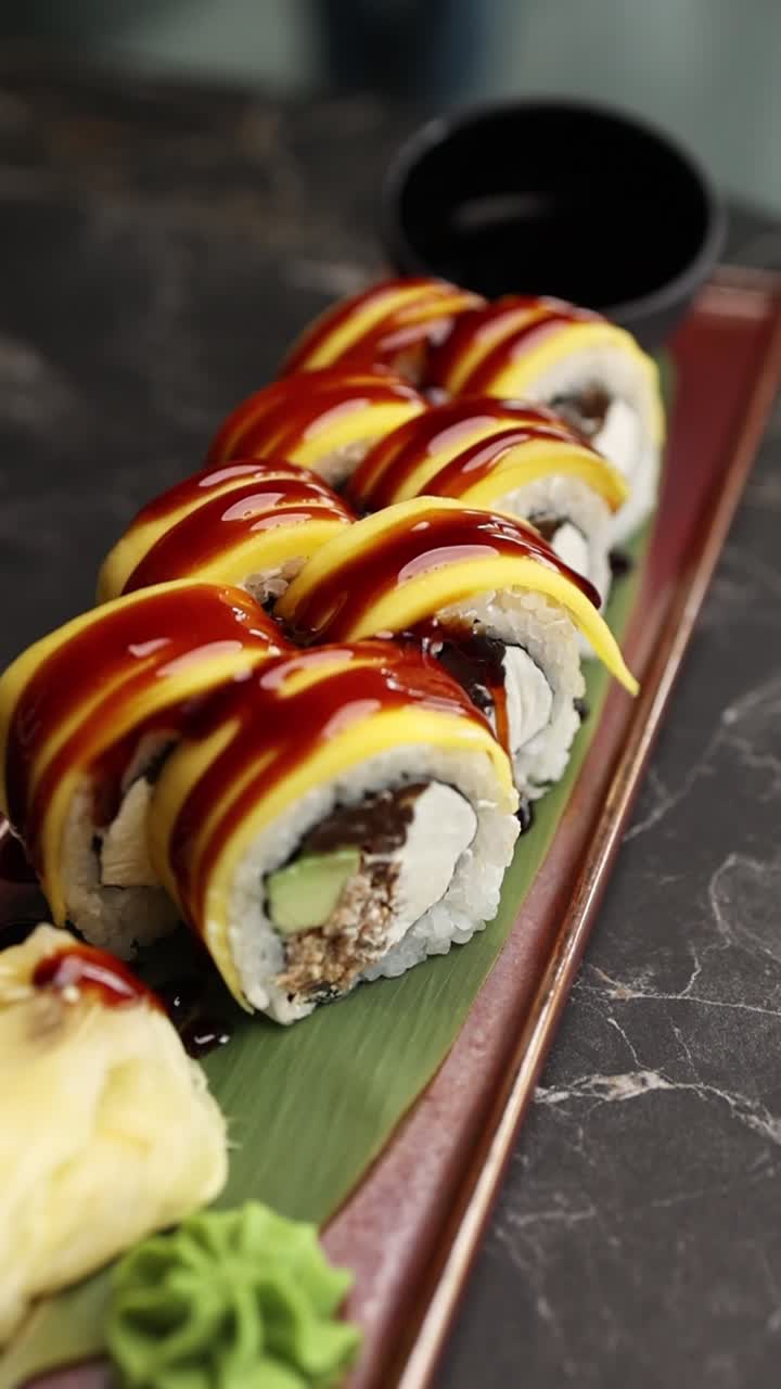 Sushi roll gourmet guarniti con mango e salsa dolce