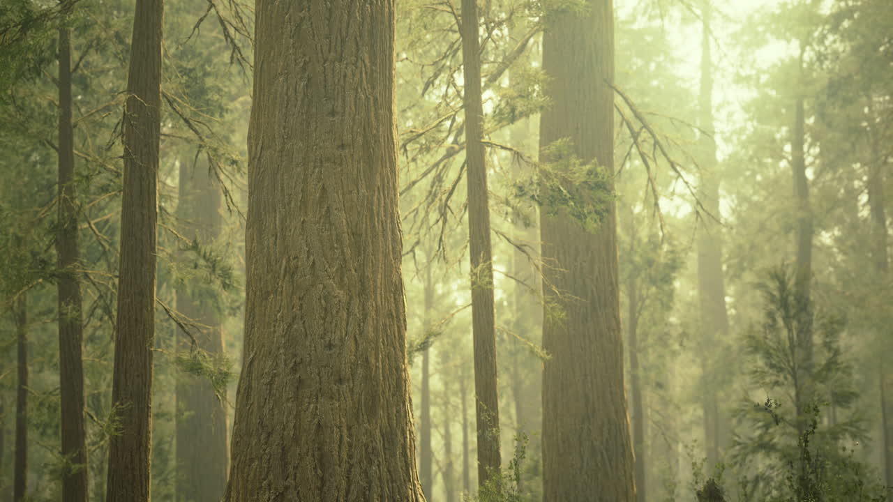 Sunlight filters through tall trees in a serene afternoon forest