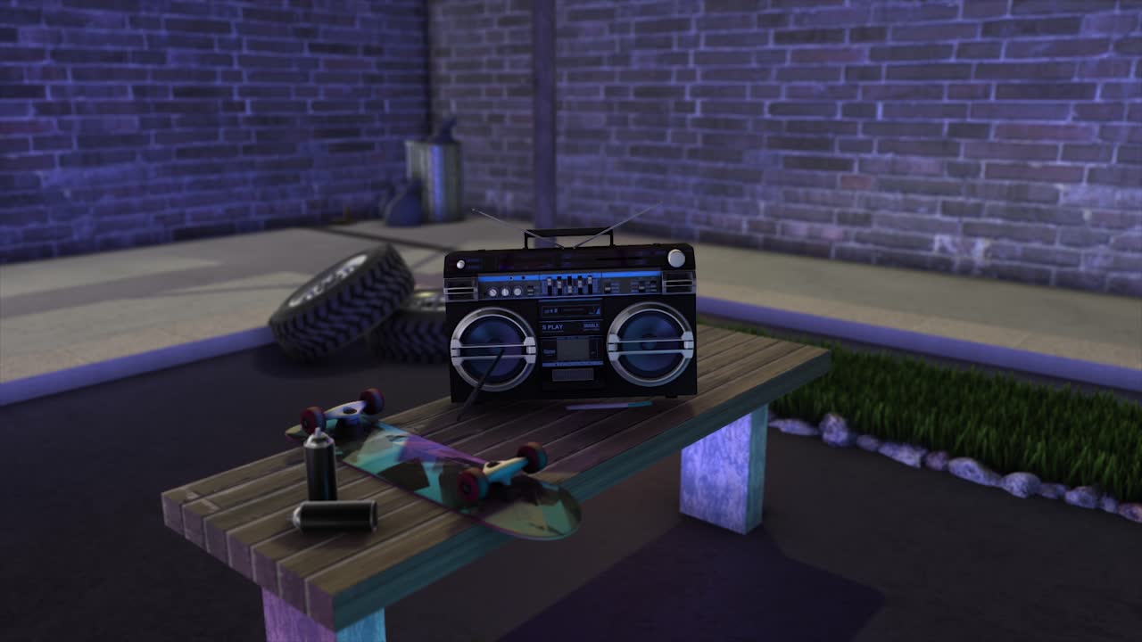 박스와 스케이트보드와 함께 80년대 거리 장면