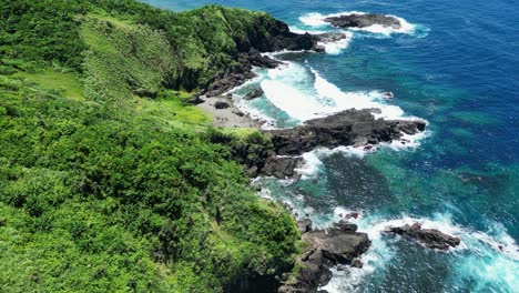 costa rocosa de basalto dentada con poderosas olas blanqueadas chocando contra las costas verdes