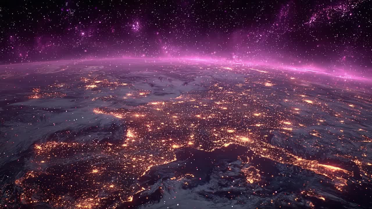 A Stunning Overview of Earth Illuminated by City Lights Against a Cosmic Purple Sky from Space: A Beautiful Blend of Nature and Modern Civilization